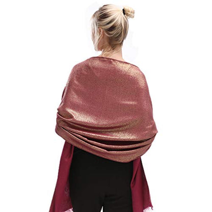 LMVERNA Women's Sparkling Metallic Soft Pashmina Shawls and Wraps Scarf in Solid Colors - color: Maroon-glod