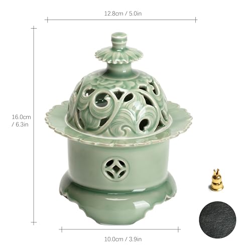 Hermit Life Three-Legged Incense Burner (Celadon), Porcelain Incense Holder with Lotus-Shaped Lid, Green - color: Green