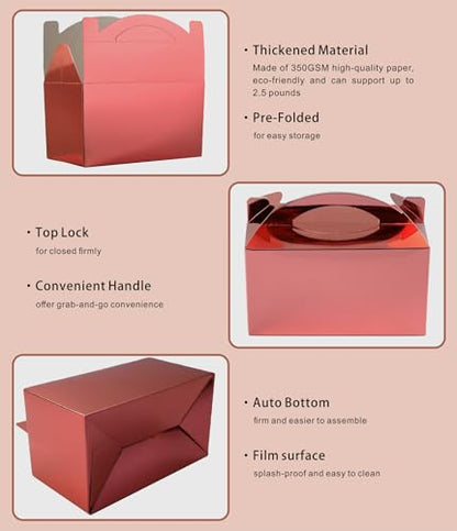 30-Pack Rose Gold Gable Treat Boxes with Handles, 6" Pop-Up Party Favor Gift Boxes for Birthday, Wedding, Baby Shower, Eco-Friendly Candy, Cookie, Goodie Bags for Kids, Bachelorette Decor