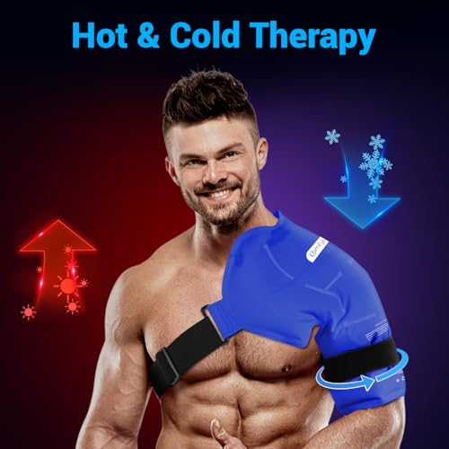 Comfytemp 숄더 아이스 팩 랩 로테이터 커프 테라피 (라지/XL) | FSA 적격 HSA, 부상을 위한 젤 아이스 팩 재사용 가능, 통증 완화, 회복을 위한 핫 콜드 압축 어깨 지지대, 다크 블루 - color: 다크 블루, size: 대형