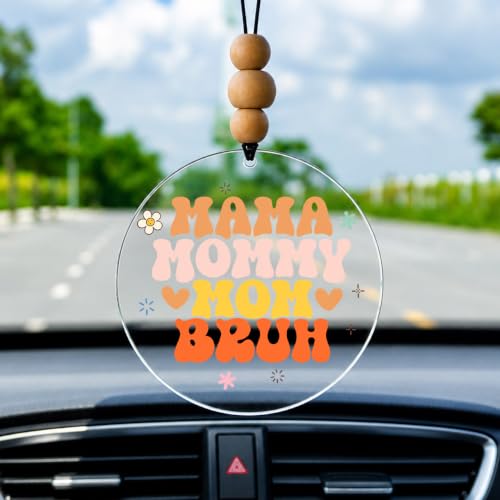 Talataca Mama Mom Bruh 2D Flat Car Ornament & Wood Beads, Funny Quote Beaded Rear View Mirror Accessories, Retro Rearview Hanging Charm, Christmas Tree Decor - color: 38
