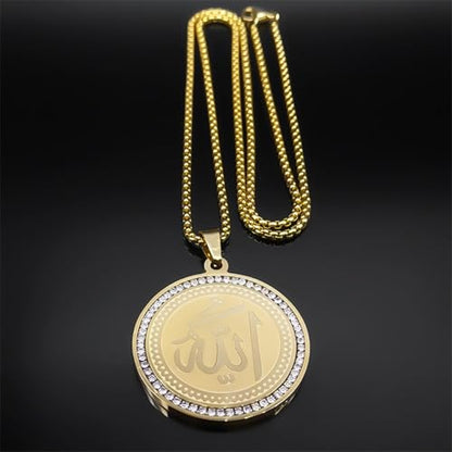 choker necklace，Arabic Quran Allah Medal Necklace for Women Men Rhinestone Gold Color Islam Muslim Chain Jewelry collar