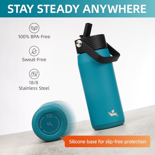 Konokyo 25oz Insulated Stainless Steel Water Bottle with 3 Lids, Leakproof BPA-Free Bottle with Straw Lid, Sip Lid and Flex Cap for Gym, Travel, School, Office, Macaron Green - color: Macaron Green, size: 25 Ounces