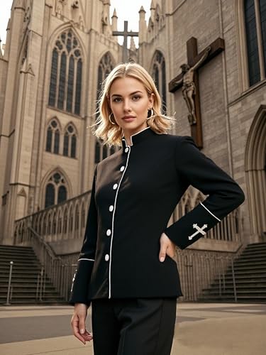 FAD-4U Women Long Sleeves Clergy Coat with Stand Up Collar Button Down Pastor Clergy Dresses - color: Black, size: XX-Large