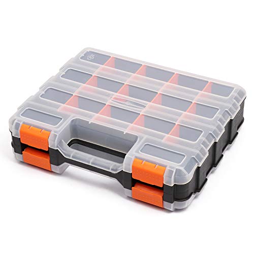 Mayouko Double Side Tools Organizer, Customizable Removable Plastic Dividers, Hardware Box Storage, Excellent for Screws,Nuts,Small Parts, 34-Compartment, Black/Orange,12.6"L x 10.6"W x 3.2"H - color: Orange, size: 34 Compartments