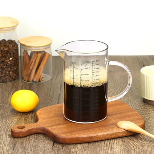 QWORK 34OZ/1000ML Glass Measuring Cup (Ml/Oz/Cup), 4 Cups Multi-Purpose Kitchen Tool with V-Shaped Spout & Handle