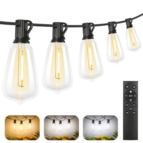 Brightever Dimmable Outdoor String Lights with Remote, 3 Colors in 1 LED Patio Light for Outside with 25+1 ST38 Edison Bulbs, 50FT 3 Modes Gazebo Lighting Waterproof for Camping, 2700K/4000K/5000K - color: Black Wire 3CCT, size: 50FT
