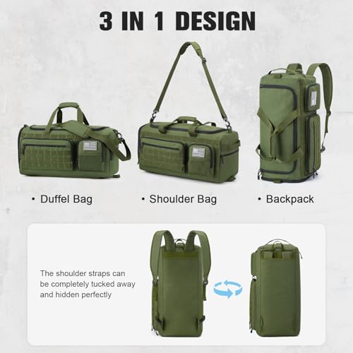 G4Free 3-in-1 Duffle Bag Travel Gym Sports, Large Tactical Duffel Backpack | 50L/65L with Shoes Compartment and Wet Pocket, Military Workout Bag for Men and Women, Green - color: Green