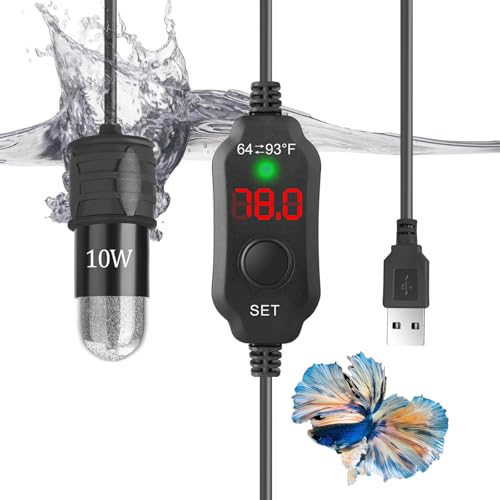 10W Mini Aquarium Heater for up to 1 Gallon Tanks | Super Small 5V/2A USB Fish Tank Heater with Digital Thermostat, Dry-Run & Overheat Protection, Memory Function - size: For Aquariums ≤ 1 Gal