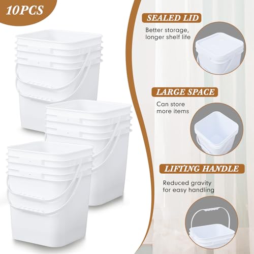 Mumufy 10 Pcs 3.5 Gallon Square Food Grade Bucket with Lid Plastic Buckets Pail with Handle Lid Heavy Duty Buckets for Storing Dry Food Charcoal Camping Fishing(White) - color: White, style: Square
