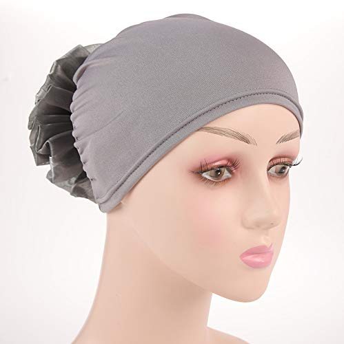 Women Flower Elastic Turban Beanie Head Scarf wrap Chemo Cap hat for Cancer Patient - color: Black Gray