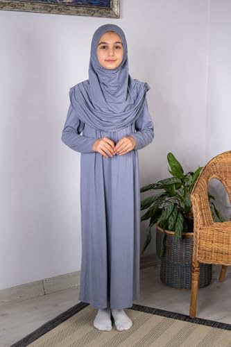 ihvan online Muslim Dress for Girls, Long Sleeve One-Piece Islamic Prayer Dress, Hijab for Kids, Girls Abaya, Islamic Gifts - color: Grey