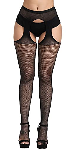 E-Laurels Womens High Waist Patterned Fishnet Tights Suspenders Pantyhose Thigh High Stockings Black - color: Black A6