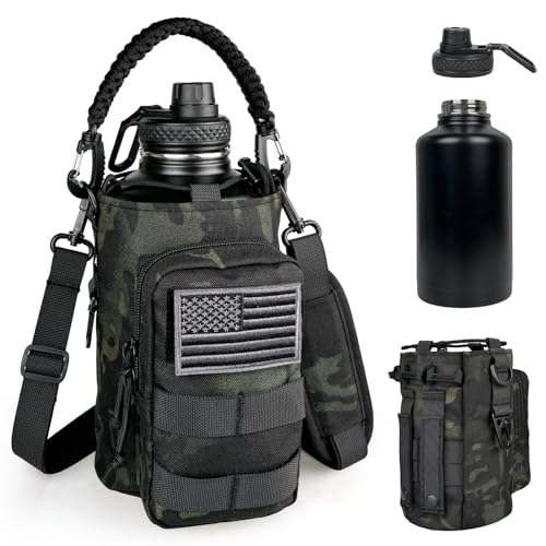 DEFUNX Half Gallon Water Bottle Insulated with Sleeve - Tactical 64 oz Stainless Steel Water Jug with MOLLE Water Bottle Pouch, Gym Water Bottles for Men Hiking Workout (Black Camo) - color: 64oz - Black Camo, size: 64 Ounces