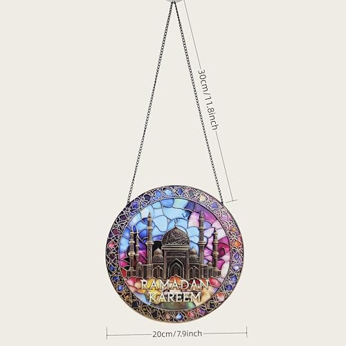 KYMY Ramadan Kareem Hanging Ornament, Acrylic Muslim Islamic Arabic Round Door Pendant, Mosque Ramadan Mubarak Elegant Islamic Hanging Decorations for Arabic Eid Mubarak Wall Door Window Home Office