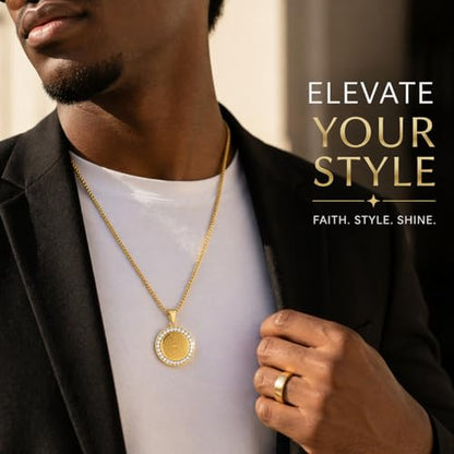 Steeltime Stainless Steel Lords Prayer Necklace with Simulated Diamonds - color: Gold, style: Reversible Round Pendant