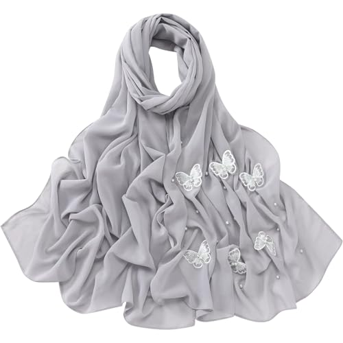 Muslim Prayer Hijab for Women Lightweight Pearl Chiffon Scarfs 3-D Butterfly Embroidery with Glitters Beads Islamic Hijab - color: Light Gray