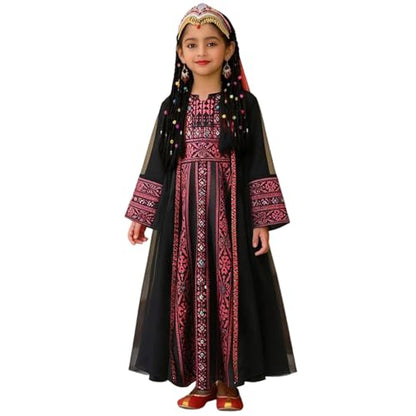 Toddler Baby Girls Muslim Abaya Prayer Dress Ruffle Long Sleeve V-Neck Tulle Dubai Robe 2026 Ramadan Eid Eid Kaftan - color: Z1-black, size: 6-7 Years