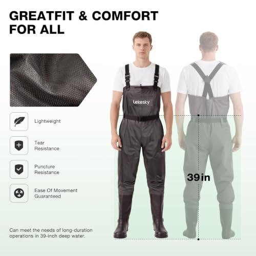 Lekesky Fly Fishing Chest Waders with Boots for Men Women, US Sizes 5–14,2-Ply Nylon/Pvc Waterproof Waders - color: Brown, size: M5/W7