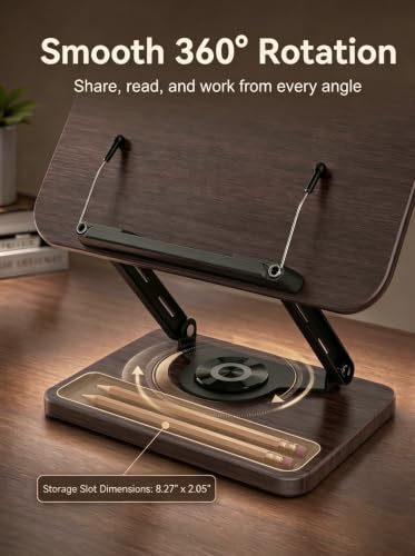 Adjustable Book Stand for Reading with Light, Book Holders for Reading Hands Free, Ergonomic Reading Stand for Cookbooks,Bibles,Laptop & Tablet with Page Clips & 360° Rotating Bases for Study & Office
