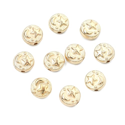 LiQunSweet 100 Pcs Light Golden Color Flat Round with Moon Star Beads Celestial ABS Plastic Loose Beads for DIY Jewelry Bracelet Craft Decoration - color: Flat Round with Moon Star Beads_100 Pcs