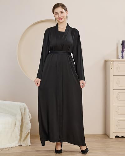 2PCS Muslim Abaya Women Islamic Dress with Belted Prayer Covered Eid Clothes - color: Black, size: Medium