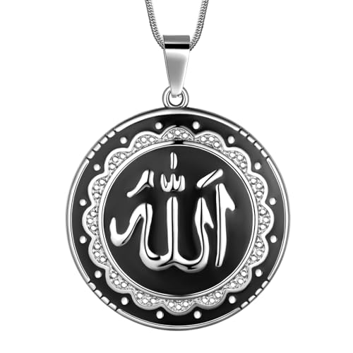 Hipunk Men Islamic Pendant Necklace - Muslim Allah Necklace Allah Necklace Mens Muslim Islam Pendant 316L Stainless Steel Islamic Arabic Gift Black Gun/18K Gold Plated Islam Jewelry SP0049 - color: white & black