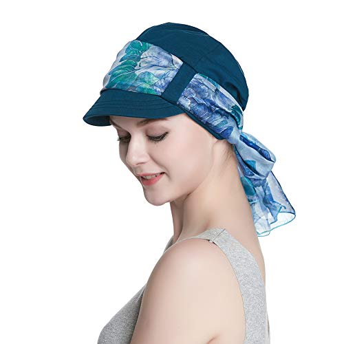 Alnorm Breathable Cotton Hat and Scarf Set Chemo Headwear for Women - color: Blue Floral