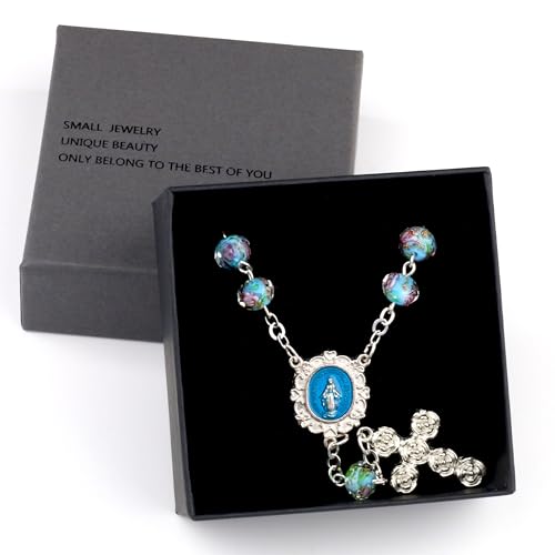 8mm Murano Rose Beads Catholic Virgin Mary Car Rosary for Rearview Mirror with Gift Box - color: Lake Blue