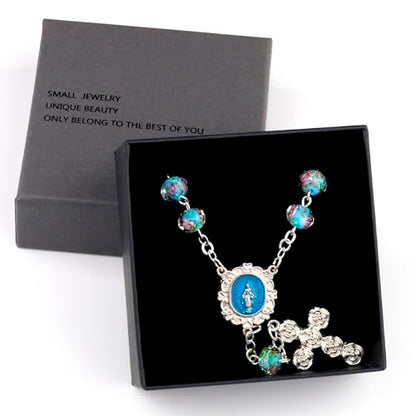 8mm Murano Rose Beads Catholic Virgin Mary Car Rosary for Rearview Mirror with Gift Box - color: Lake Blue