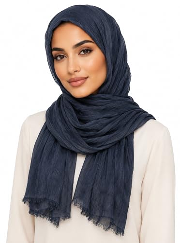 Lightweight Rayon Scarf with Cotton Linen Texture – Breathable Wrinkle Hijab, Vintage Dyed Wrap Shawl - color: Denim Blue