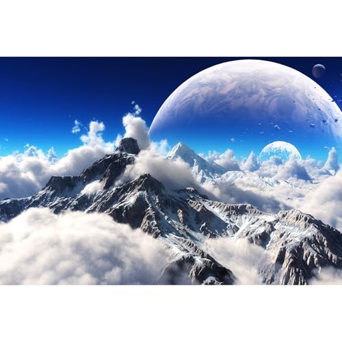 Celestial Aquarium Backdrop Snow Capped Mountains Alien Planet Terrarium Background Space Planets and Natural Landscape Fish Tank Backdrop Tranquil Natural Cloudy Sky Aquarium Backdrops 24x12in - color: White_Blue, size: 24(W)x12(H)in