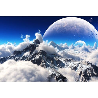 Celestial Aquarium Backdrop Snow Capped Mountains Alien Planet Terrarium Background Space Planets and Natural Landscape Fish Tank Backdrop Tranquil Natural Cloudy Sky Aquarium Backdrops 24x12in - color: White_Blue, size: 24(W)x12(H)in