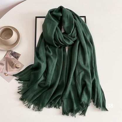 Solid color cotton and linen scarf, wrinkled all season versatile long sunscreen fashionable shawl - color: Deep Green
