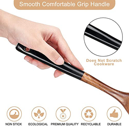 2 Pcs Wooden Spatula Set for Cooking Non Toxic Teak Kitchen Utensils Slotted Pancake Turner Flat Wood Wok Spatulas Bamboo Spoon for Cooking Utensil Set Spurtle Scraper Black Fish Egg Flipper Spatula - color: 2Pcs-Black