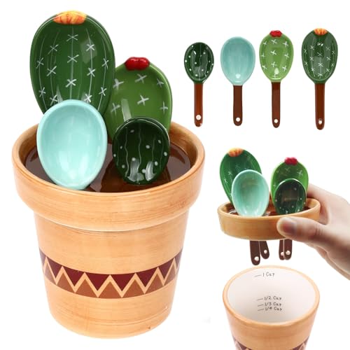 5 Pieces Measuring Spoons Set/Ceramics Spoons and Measuring Base Cup/for Dry and Liquid Ingredient, Cute Cactus Shape (Wave base) - color: Wave base