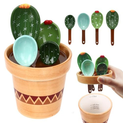 5 Pieces Measuring Spoons Set/Ceramics Spoons and Measuring Base Cup/for Dry and Liquid Ingredient, Cute Cactus Shape (Wave base) - color: Wave base
