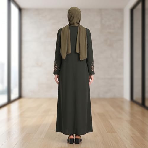 Women's Embroidered Sleeves Abaya and Embroidered On The Side of The Zipper Long Sleeve Floor Length Turkish Fashion - color: Green, size: Small