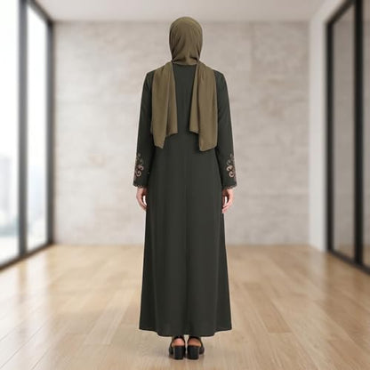 Women's Embroidered Sleeves Abaya and Embroidered On The Side of The Zipper Long Sleeve Floor Length Turkish Fashion - color: Green, size: X-Large