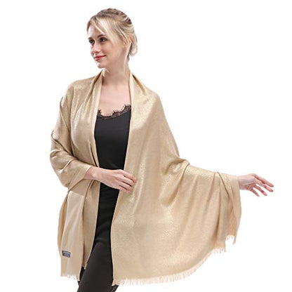 LMVERNA Women's Sparkling Metallic Soft Pashmina Shawls and Wraps Scarf in Solid Colors - color: Gold