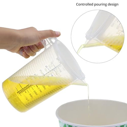 QWORK 2 Pack 32oz (1 Quart) Measuring Pitcher - Plastic, Multipurpose, Polypropylene, with Clear Ounce & Milliliter Markings, Dustproof Lid, for Cooking, Home Hobbies, Shop Oil and Fluids