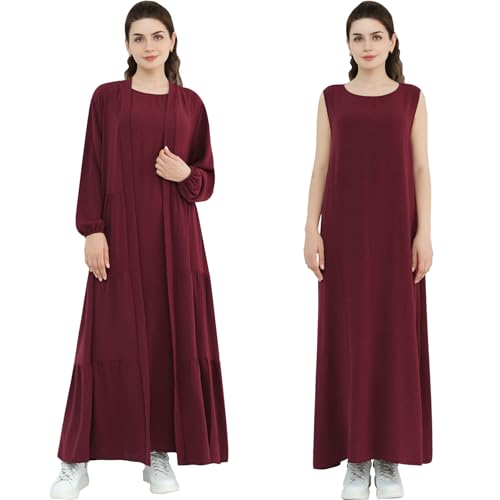 Women Muslim Abaya Dress 2PCS Soft Flowing Cardigan Dress Set Islamic Dubai Modest Kaftan Prayer Robe - color: Wine Red, size: Medium