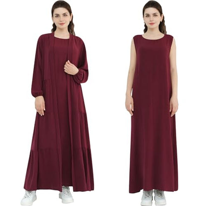 Women Muslim Abaya Dress 2PCS Soft Flowing Cardigan Dress Set Islamic Dubai Modest Kaftan Prayer Robe - color: Wine Red, size: X-Large