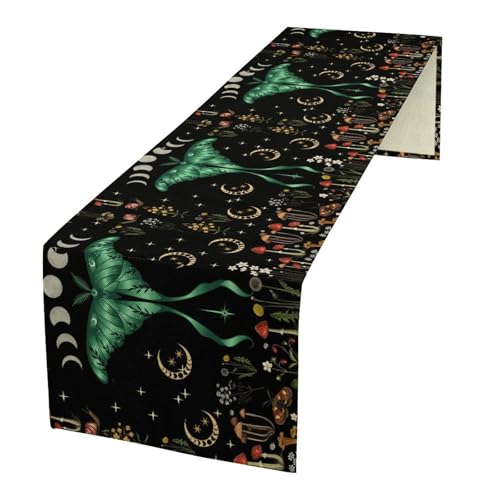 Vintage Moth Mushroom Table Runner, Retro Mysterious Moon Phase Butterfly Flower Plants Table Runner for Home Kitchen Dining Patio Holiday Party 13x36in - color: Moth-12, size: W13''xL36''