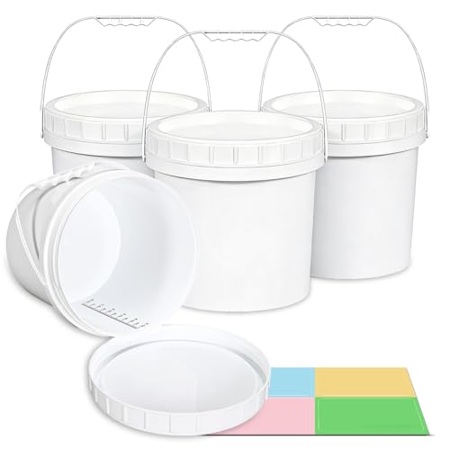 4 Pack 1.3 Gallon White Plastic Storage Buckets with Screw Lids, Food Grade Container with Measurement Markings, Reusable Small Container - color: White, size: 4pack 1.3 Gal