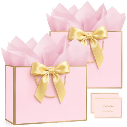 ANZNKU 2PCS Gift Bags for Women 12.6" Medium Pink Gift Bags with Handles 4 Tissue Paper 2 Ribbons 2 Cards, Cute Bag for Gifts Wedding Favors Birthday Engagement Bridal Baby Shower Party Presents - color: Soft Pink