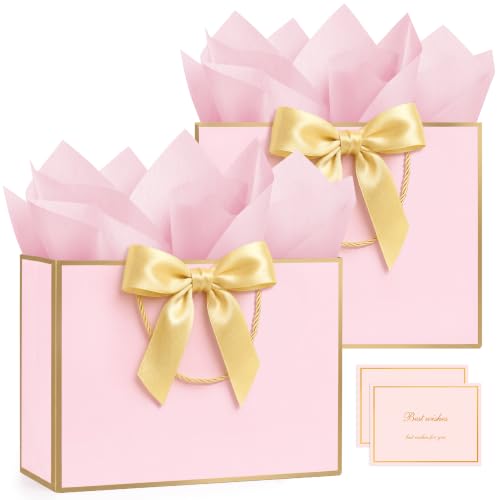 ANZNKU 2PCS Gift Bags for Women 12.6" Medium Pink Gift Bags with Handles 4 Tissue Paper 2 Ribbons 2 Cards, Cute Bag for Gifts Wedding Favors Birthday Engagement Bridal Baby Shower Party Presents - color: Soft Pink