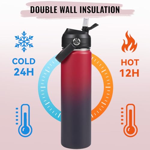 Fijinhom 24oz Insulated Stainless Steel Water Bottle, Wide Mouth Double Wall Vacuum, Silicone Straw, Sweat & Leak Proof, BPA Free Insulated Water Flask for Travel, Keep Cold 24h Hot 12h, Red - color: Red, size: 24 Ounces