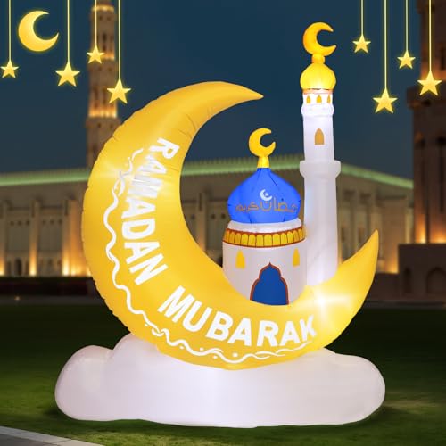 Lewondr 4.92FT Outdoor Inflatable Moon Decorations, Waterproof Inflatable Eid Mubarak Decor, Blow Up Muslim Holy Ramadan Decor with LED Lights, Outdoor Muslim Holidays Inflatables for Yard Garden - style: Moon and Cloud