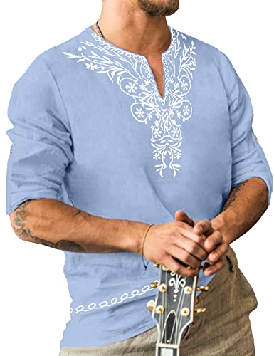 JoZorro Mens Polyester Linen V Neck Henley Shirt Long Sleeve Caftan Handmade Tunic Embroidered Casual Beach T Shirts - color: Lake Blue, size: XX-Large